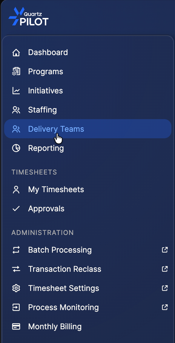Delivery Teams menu